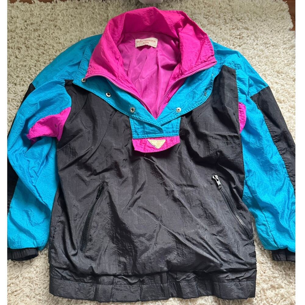 Geoffrey Hunter Sports Petites 1980s Windbreaker Blue Pink Black